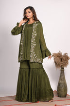Morchari Jacket With Sharara Set With Hand Embroidery - Green - Distacart