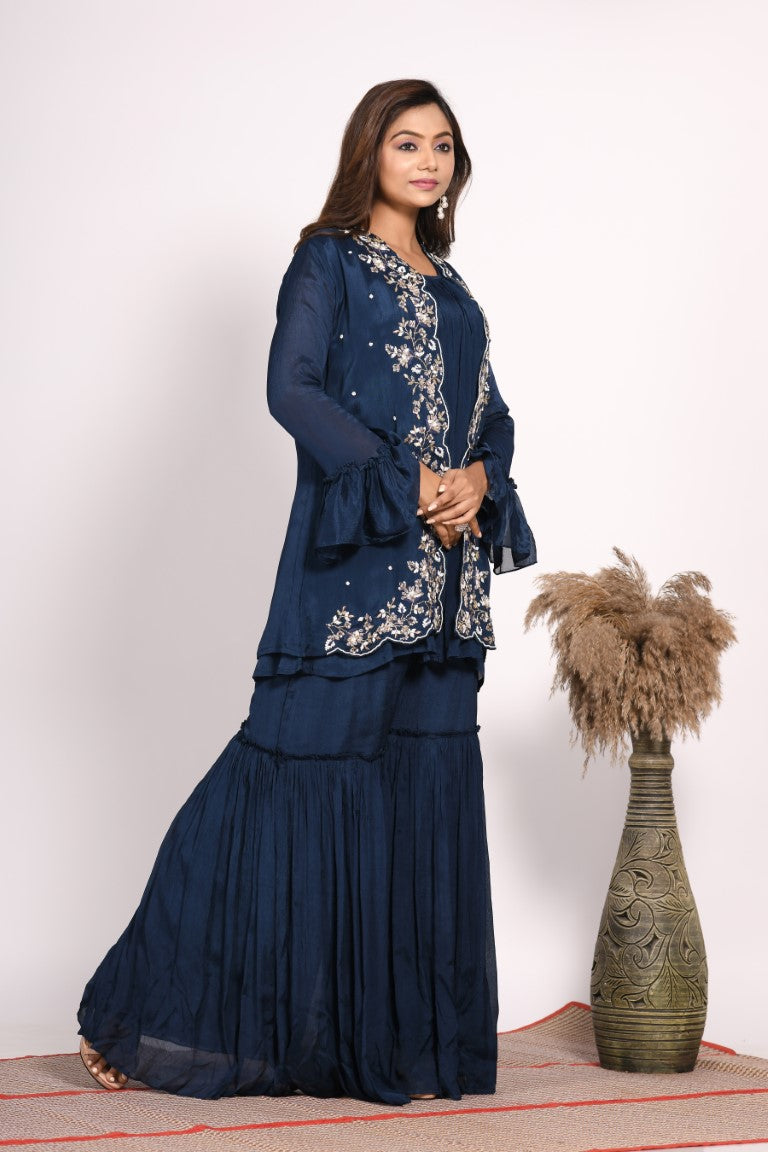 Morchari Jacket With Sharara Set With Hand Embroidery - Blue - Distacart