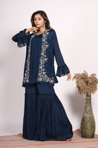 Morchari Jacket With Sharara Set With Hand Embroidery - Blue - Distacart