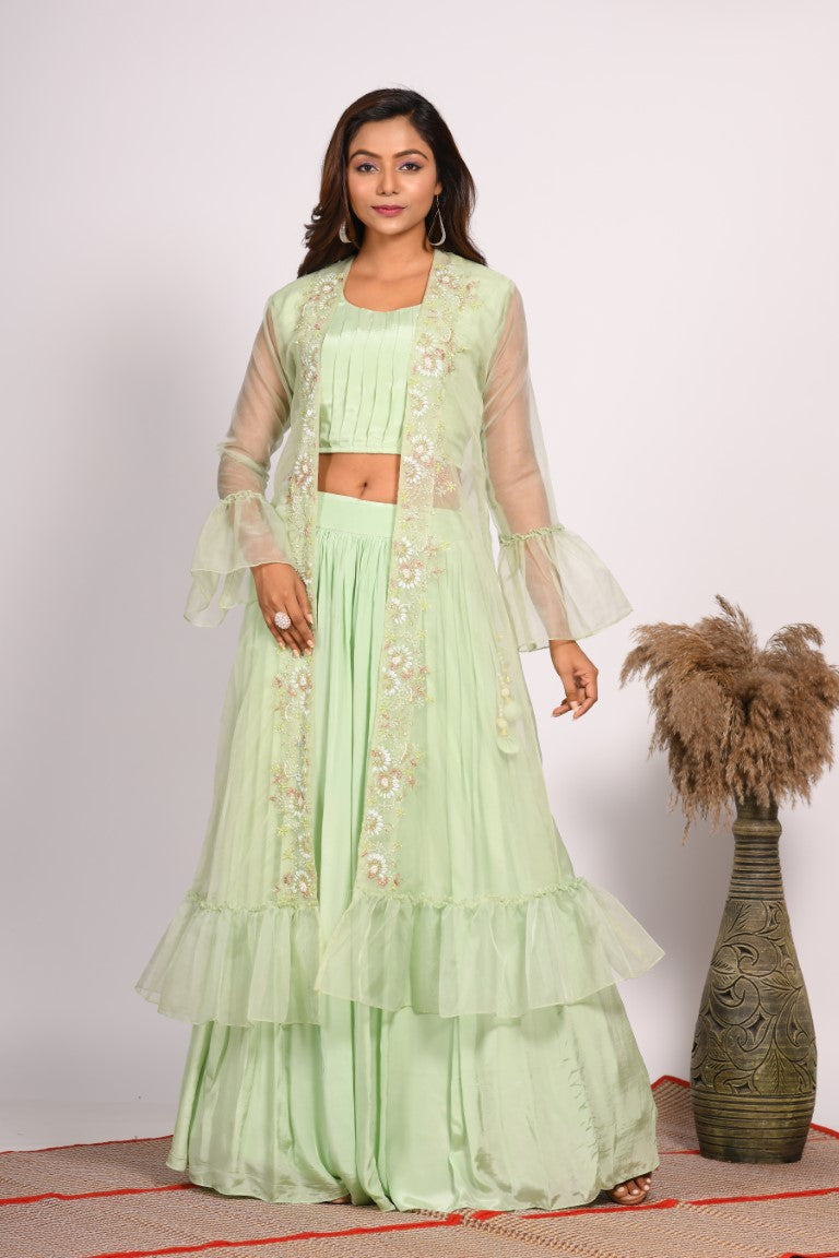 Morchari Crop Top With Jacket With Hand Embroidery - Green