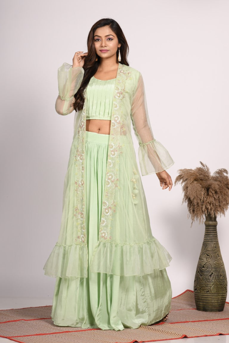 Morchari Crop Top With Jacket With Hand Embroidery - Green