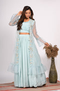 Morchari Crop Top With Jacket With Hand Embroidery - Blue