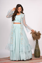 Morchari Crop Top With Jacket With Hand Embroidery - Blue