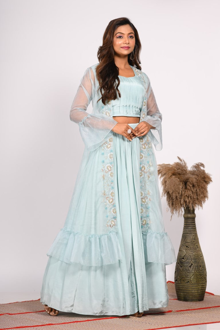 Morchari Crop Top With Jacket With Hand Embroidery - Blue