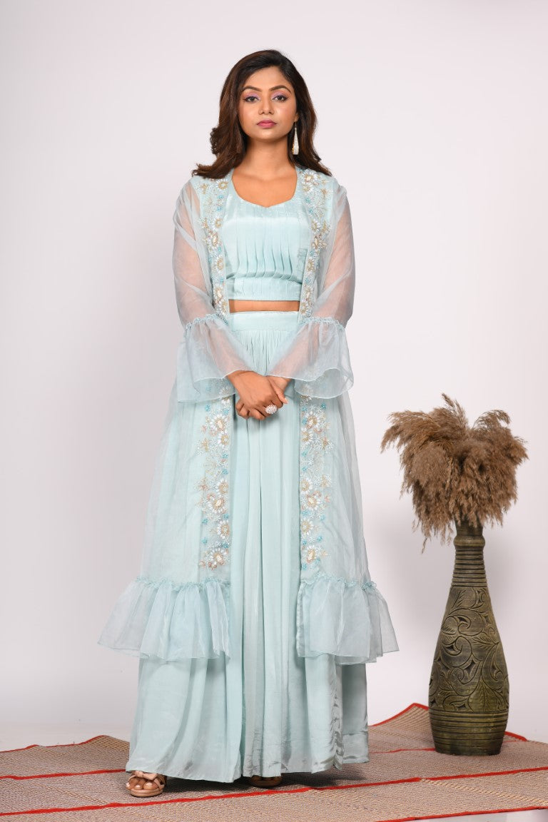 Morchari Crop Top With Jacket With Hand Embroidery - Blue