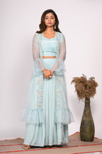 Morchari Crop Top With Jacket With Hand Embroidery - Blue