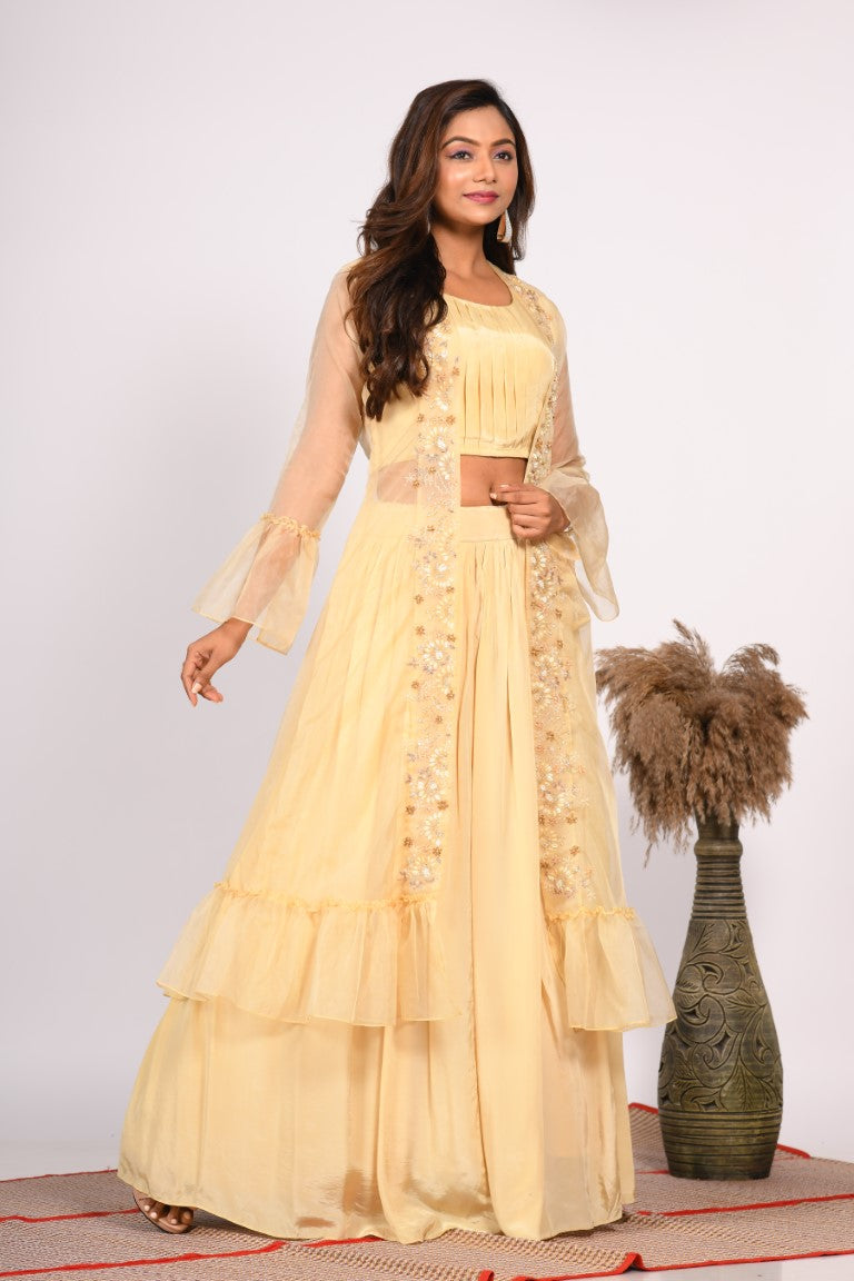 Morchari Crop Top With Jacket With Hand Embroidery - Yellow