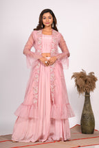 Morchari Crop Top With Jacket With Hand Embroidery - Pink
