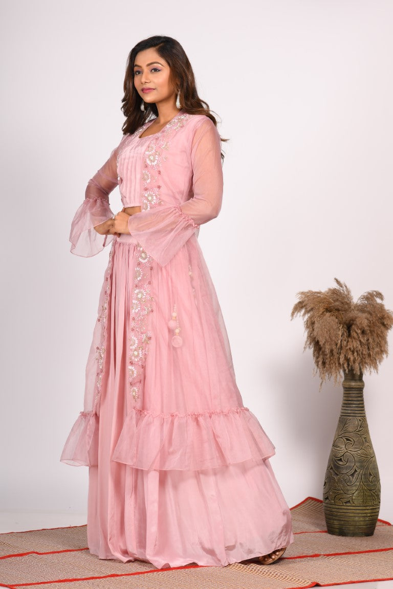 Morchari Crop Top With Jacket With Hand Embroidery - Pink