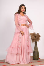 Morchari Crop Top With Jacket With Hand Embroidery - Pink