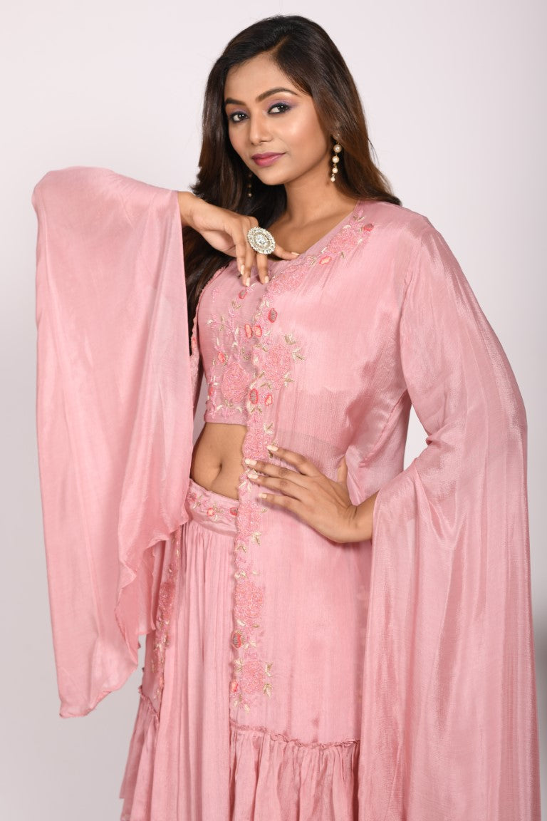 Morchari Crop Top With Long Jacket With Hand Embroidery - Rust