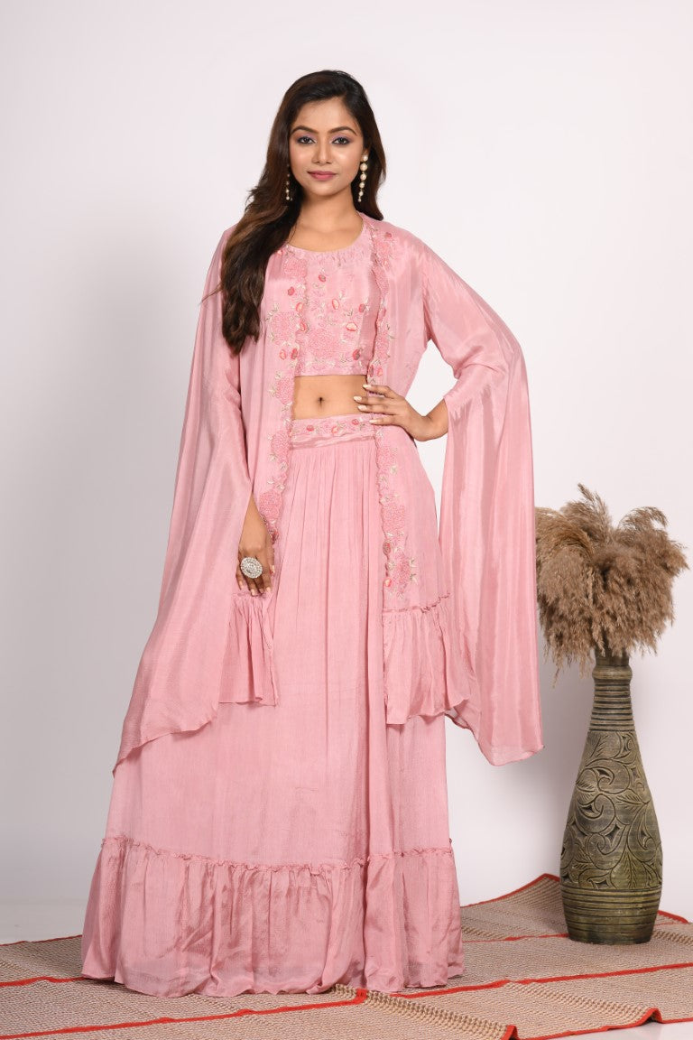 Morchari Crop Top With Long Jacket With Hand Embroidery - Rust
