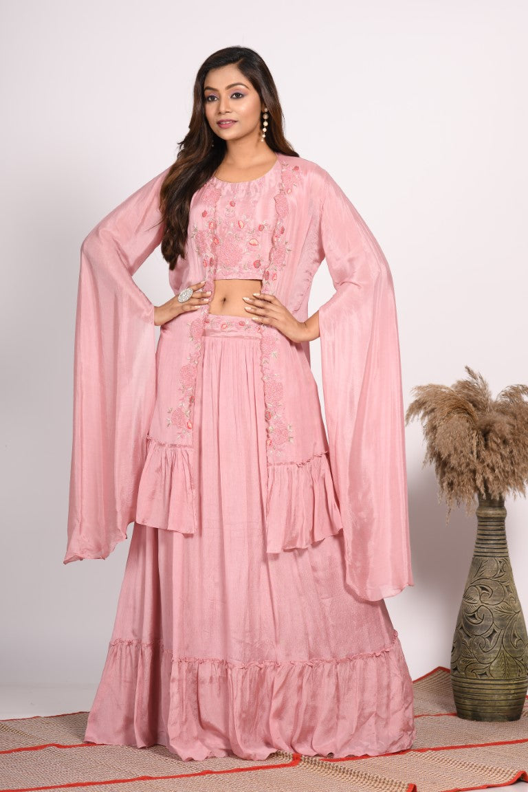 Morchari Crop Top With Long Jacket With Hand Embroidery - Rust