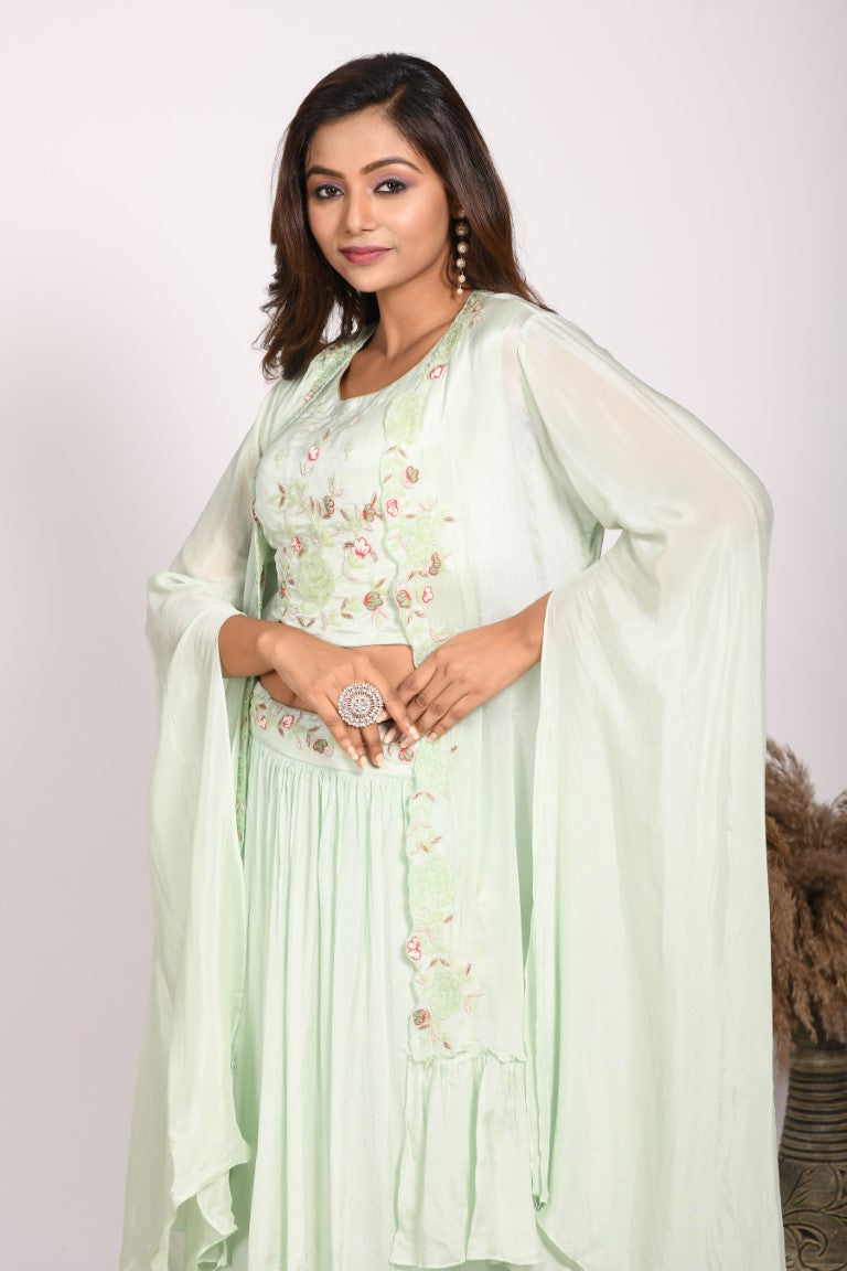 Morchari Crop Top With Long Jacket With Hand Embroidery - Green