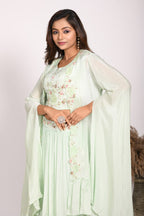 Morchari Crop Top With Long Jacket With Hand Embroidery - Green