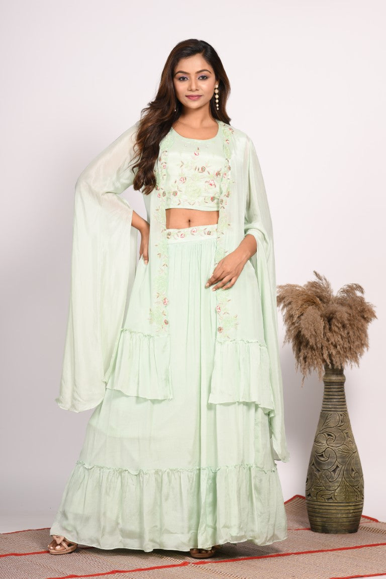 Morchari Crop Top With Long Jacket With Hand Embroidery - Green