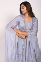 Morchari Crop Top With Long Jacket With Hand Embroidery - Grey