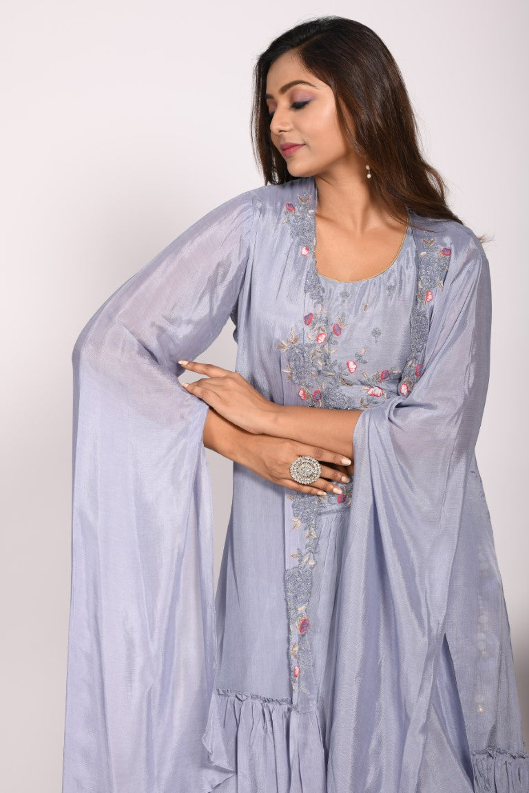 Morchari Crop Top With Long Jacket With Hand Embroidery - Grey