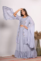 Morchari Crop Top With Long Jacket With Hand Embroidery - Grey
