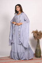 Morchari Crop Top With Long Jacket With Hand Embroidery - Grey