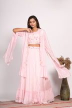 Morchari Crop Top With Long Jacket With Hand Embroidery - Pink