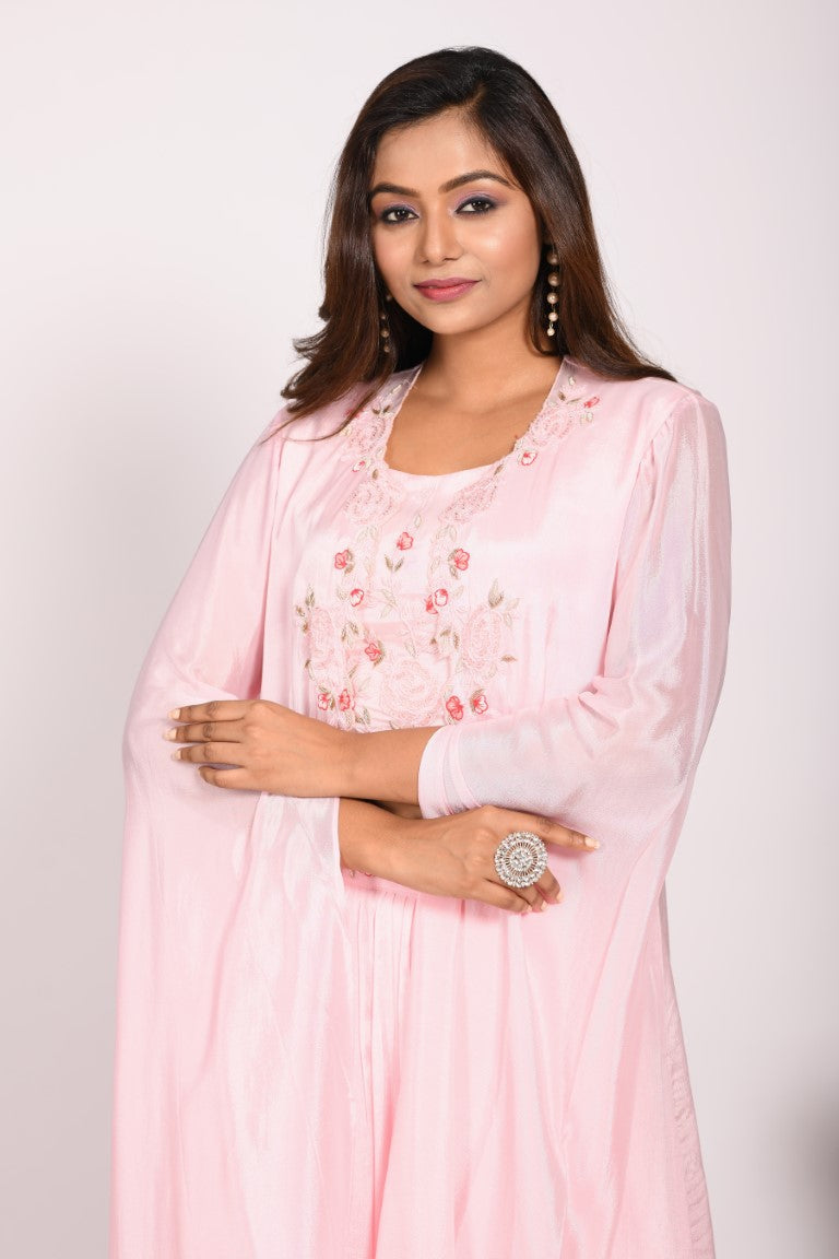 Morchari Crop Top With Long Jacket With Hand Embroidery - Pink