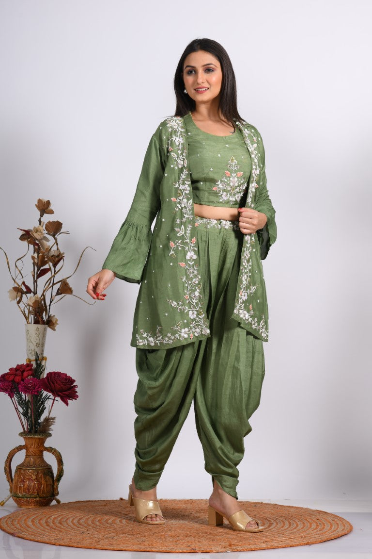 Morchari Crop Top With Jacket With Hand Embroidery - Green
