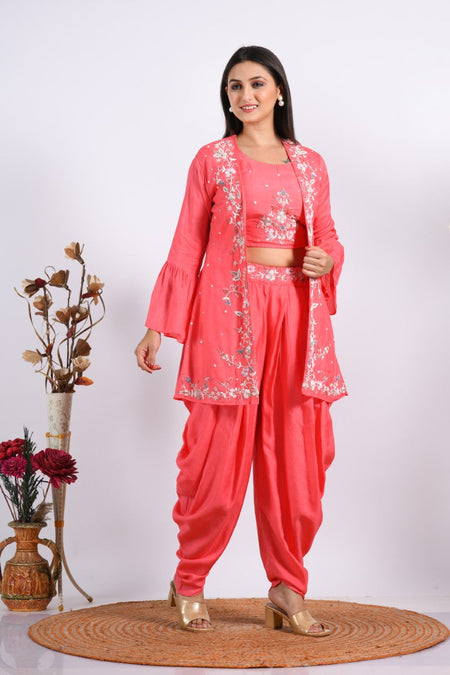 Morchari Crop Top With Jacket With Hand Embroidery - Pink