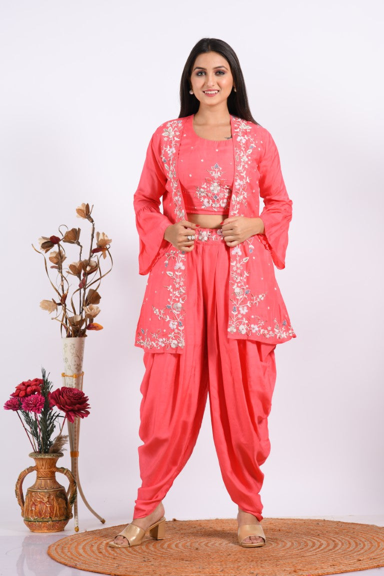 Morchari Crop Top With Jacket With Hand Embroidery - Pink