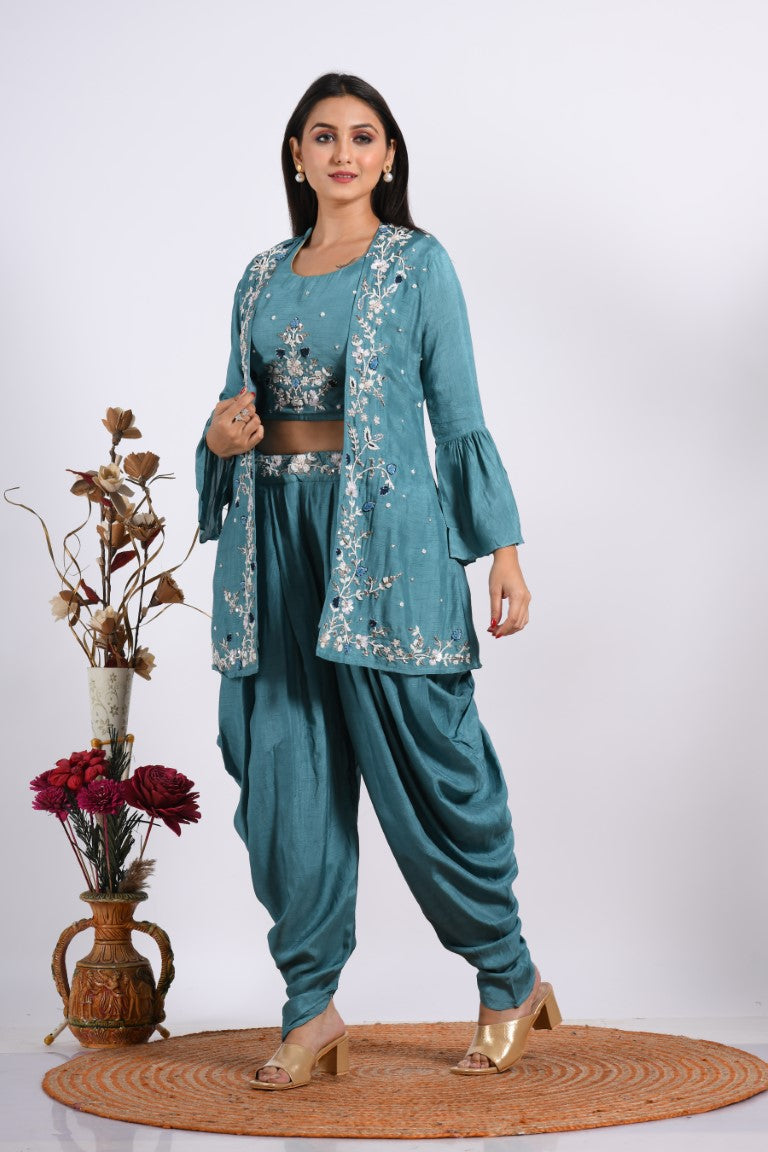 Morchari Crop Top With Jacket With Hand Embroidery - Blue