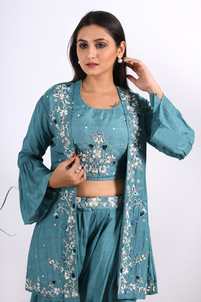 Morchari Crop Top With Jacket With Hand Embroidery - Blue