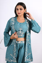 Morchari Crop Top With Jacket With Hand Embroidery - Blue