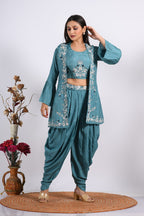 Morchari Crop Top With Jacket With Hand Embroidery - Blue