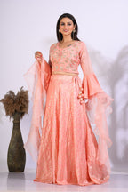 Morchari Crop Top With Hand Embroidery With Frill Dupatta - Peach