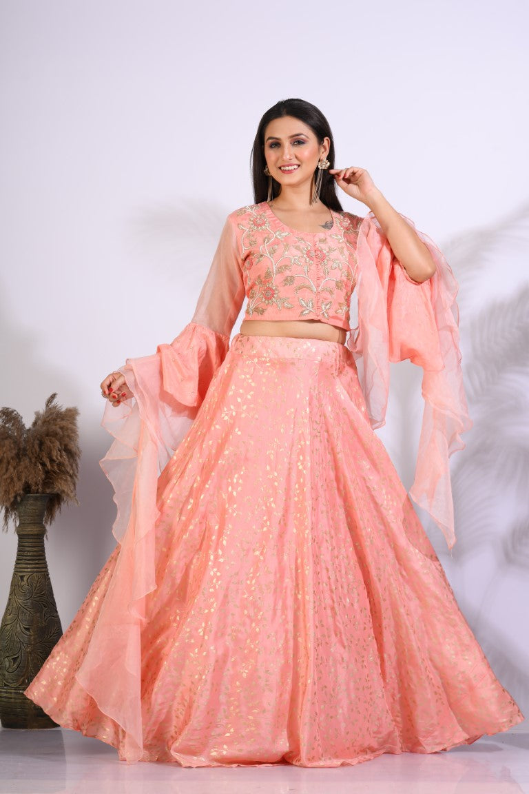 Morchari Crop Top With Hand Embroidery With Frill Dupatta - Peach