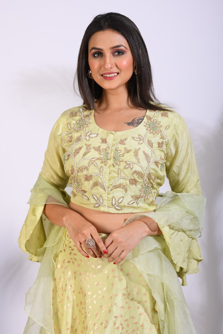 Morchari Crop Top With Hand Embroidery With Frill Dupatta - Fluorescent Green