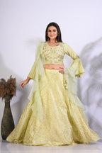 Morchari Crop Top With Hand Embroidery With Frill Dupatta - Fluorescent Green