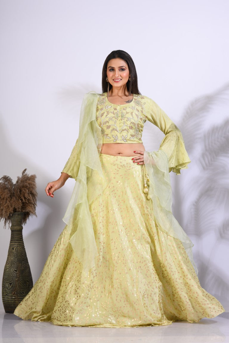 Morchari Crop Top With Hand Embroidery With Frill Dupatta - Fluorescent Green