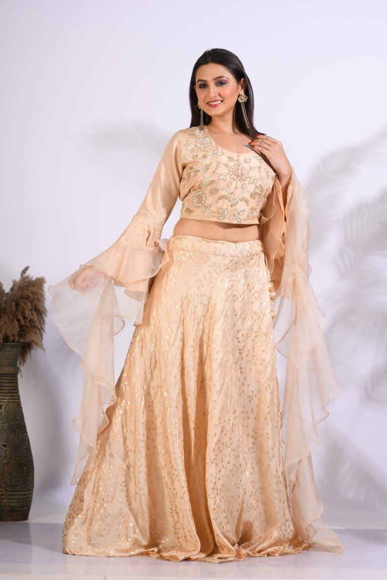 Morchari Crop Top With Hand Embroidery With Frill Dupatta - Yellow