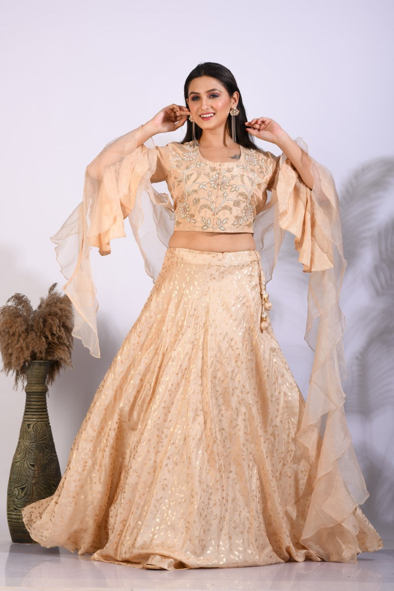 Morchari Crop Top With Hand Embroidery With Frill Dupatta - Yellow