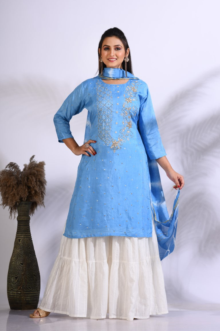 Morchari Palazzo With Long Pant & Dupatta With Hand Embroidery - Blue