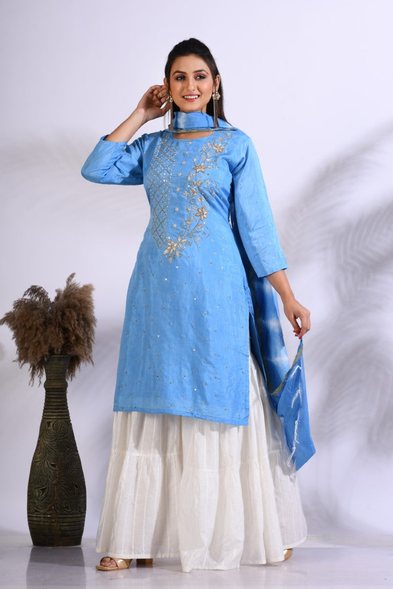 Morchari Palazzo With Long Pant & Dupatta With Hand Embroidery - Blue