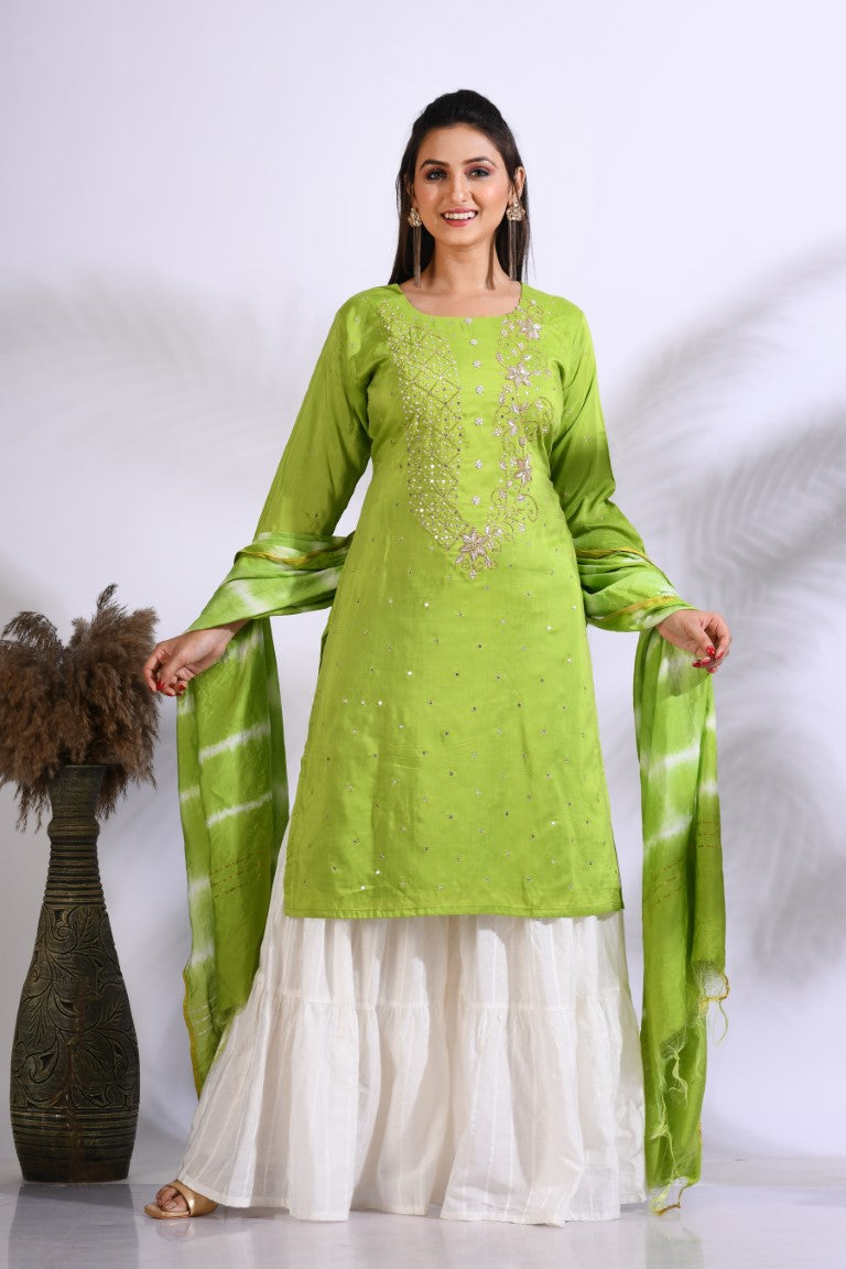 Morchari Palazzo With Long Pant & Dupatta With Hand Embroidery - Green