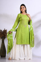 Morchari Palazzo With Long Pant & Dupatta With Hand Embroidery - Green