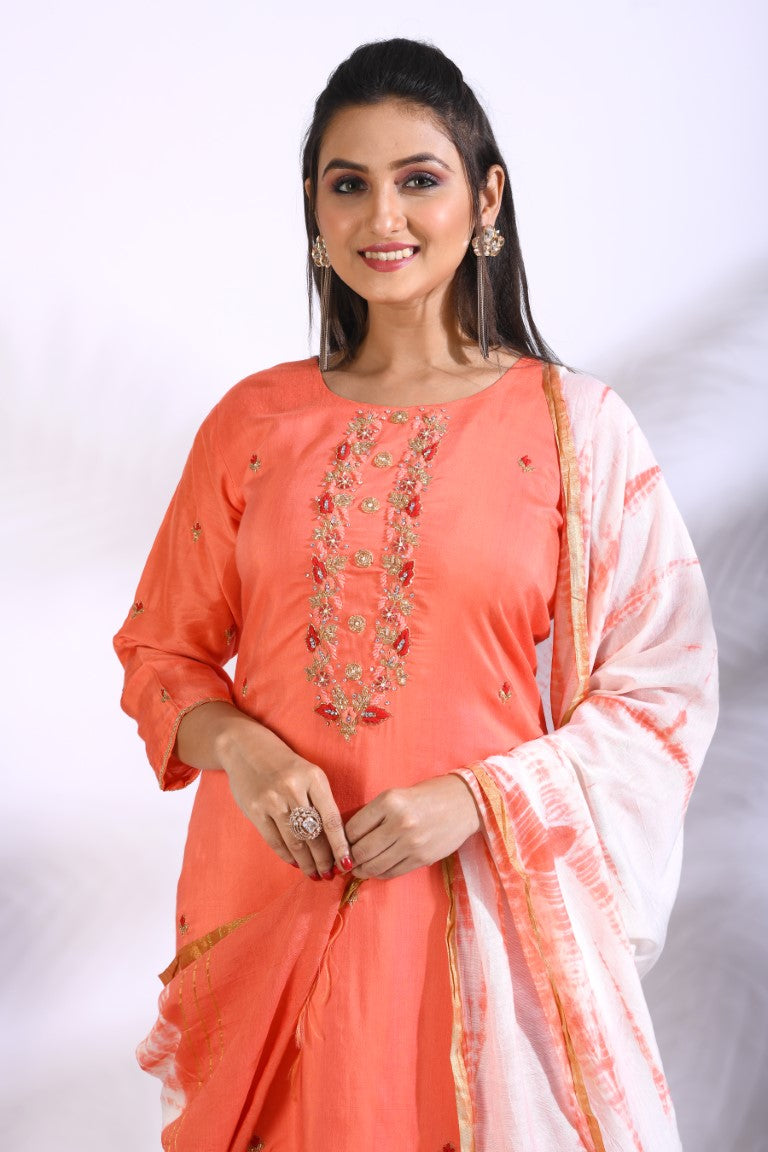 Morchari Palazzo With Long Pant & Dupatta With Hand Embroidery - Peach