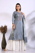 Morchari Palazzo With Long Pant & Dupatta With Hand Embroidery - Grey
