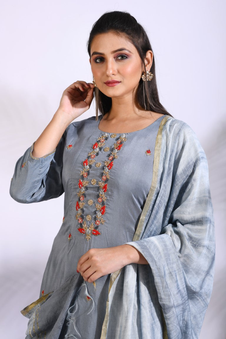 Morchari Palazzo With Long Pant & Dupatta With Hand Embroidery - Grey