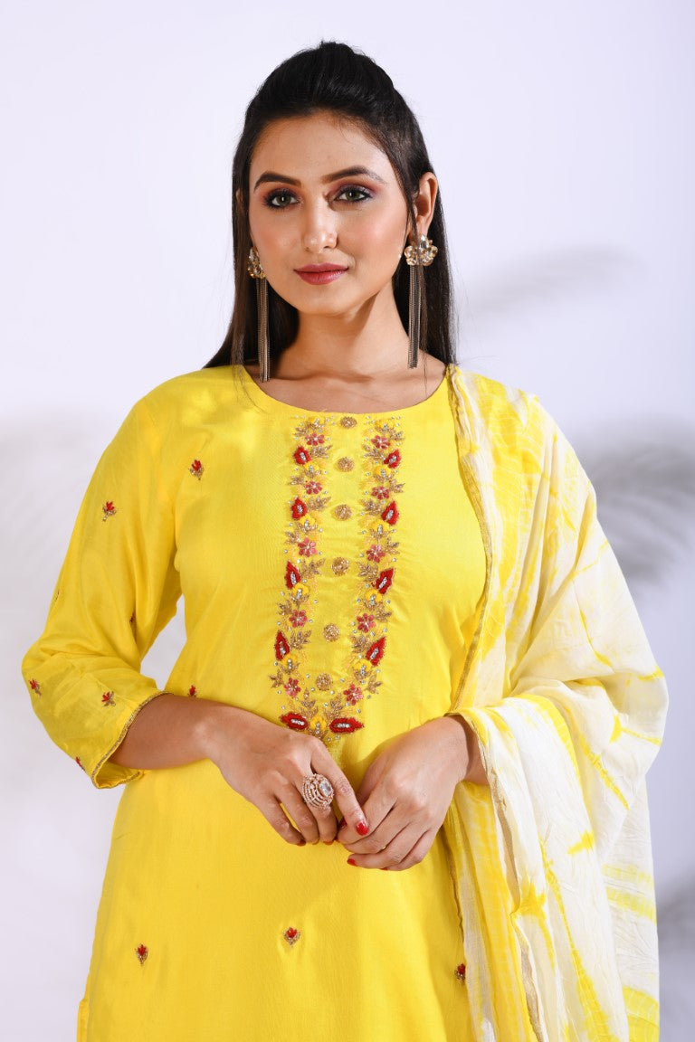 Morchari Palazzo With Long Pant & Dupatta With Hand Embroidery - Yellow