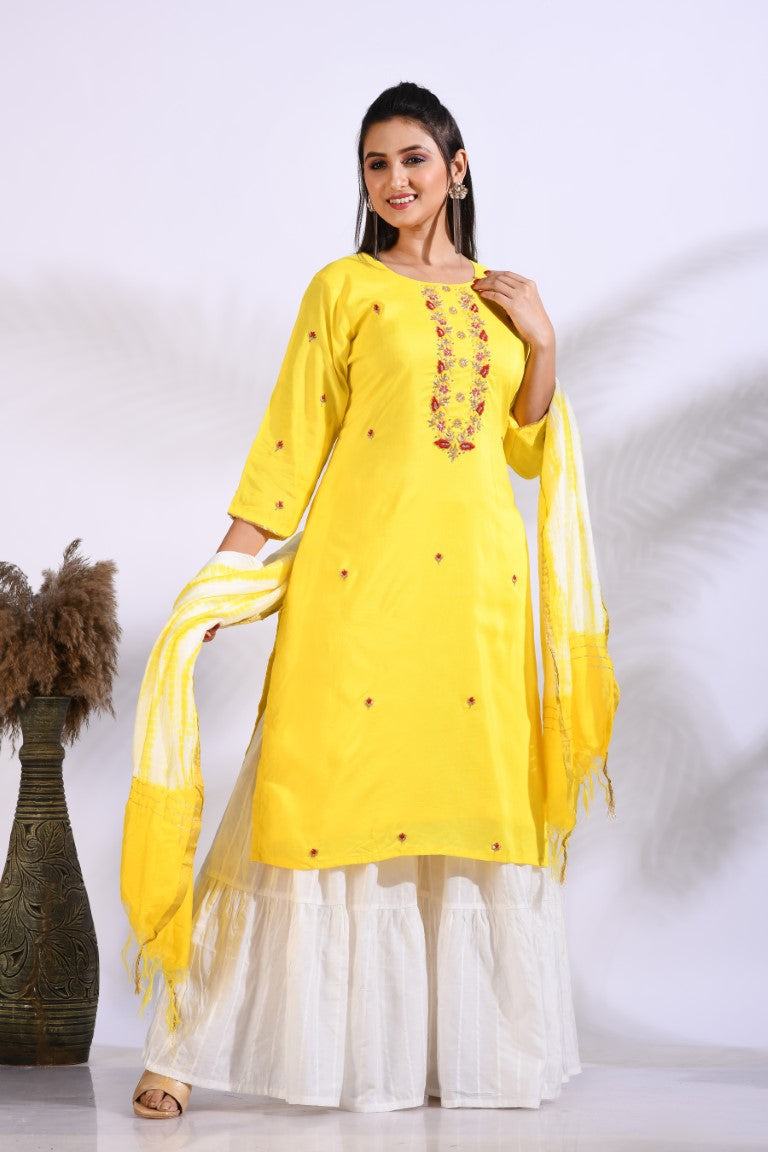 Morchari Palazzo With Long Pant & Dupatta With Hand Embroidery - Yellow