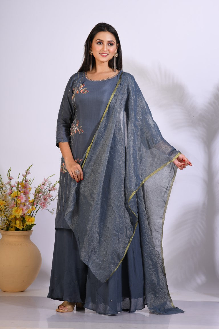 Morchari Palazzo With Long Pant & Dupatta With Hand Embroidery - Grey